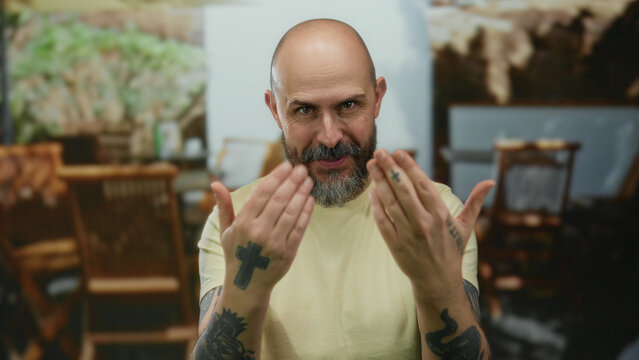 Bald man with tattoos giving thumbs up on urban terrace with blurred background suggests outdoor coffee setting in city.