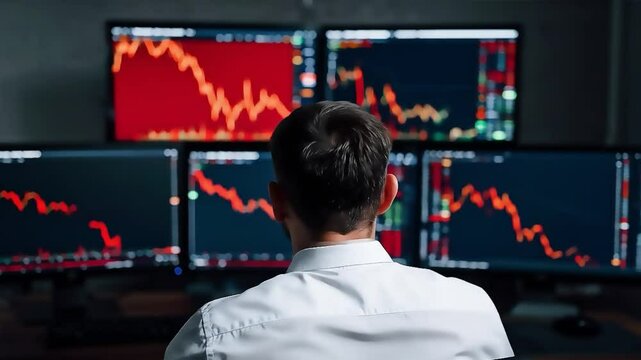 Stressed stock trader watching falling red stock market ticker
