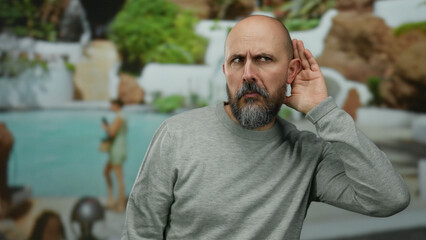 Man with beard and bald head listening intently in outdoor pool resort setting, showcasing serene hotel environment.