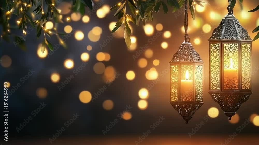 Poster A pair of lanterns hang from a tree branch, casting warm light in the surrounding area