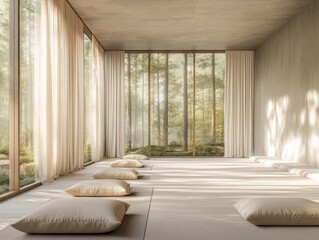 Peaceful meditation space with forest view