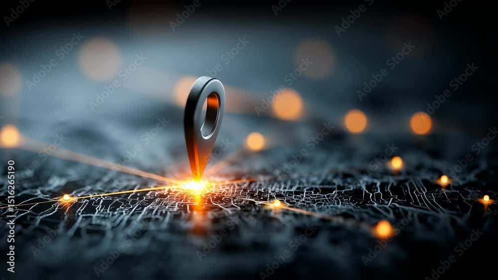 Poster navigation pin with network connection points illuminating on a detailed dark map, futuristic techno