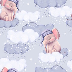 Adorable Elephants on Blue Clouds Seamless Pattern