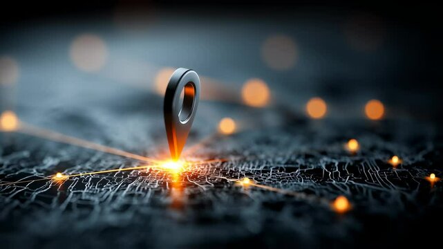 navigation pin with network connection points illuminating on a detailed dark map, futuristic technology visualization