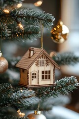 A christmas tree branch with a wooden house ornament and gold baubles hanging from it in a festive scene