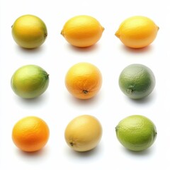 Colorful display of various citrus fruits arranged in a neat grid on a white background