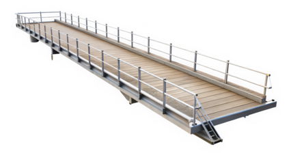 A modern, sleek wooden pedestrian bridge with metal railings, extending into the distance. The linear design emphasizes a clean and minimalist aesthetic.