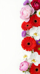 Floral Border Arrangement with Red Orange Pink and White Flowers on White Background