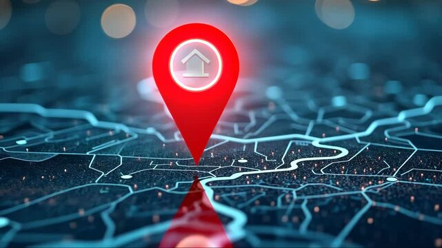 Red pin is on a blue map, with a house symbol in the middle. The map is a digital representation of a city. Concept of direction and navigation