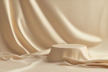Elegant pink silk cloth flowing over round podium on beige fabric background. Luxury stage for beauty fashion product. Premium brand placement mockup template. Studio scene. Wavy satin drape wall