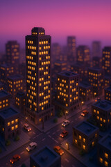 Obraz premium Voxel Pixel Art City 3D Wallpaper, Glowing Windows and Purple Sky, Retro Futuristic Digital Scene