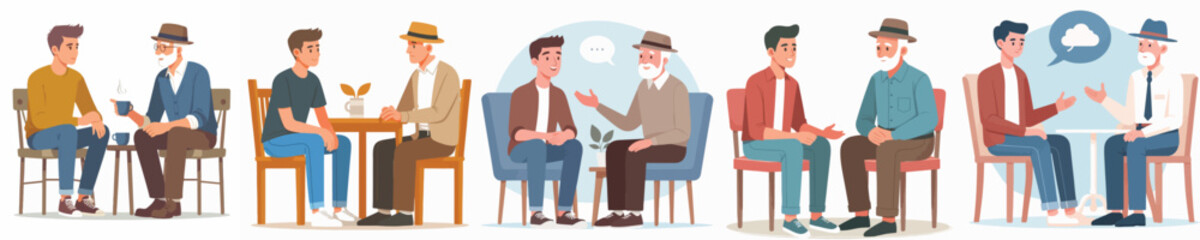 Obraz premium vector young man chatting with grandfather