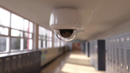 A dome security camera is mounted on the ceiling, providing surveillance of the hallway within an educational facility. The corridor features lockers and large windows that allow natural light