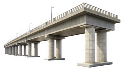 A concrete bridge structure with support columns and street lamps, showcasing modern engineering and design. The sturdy construction highlights functionality and durability.