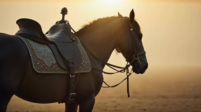 A close-up of a horse without a rider, its head bowed near a symbolic empty saddle, evoking the tragedy of Ashura in a misty morning.