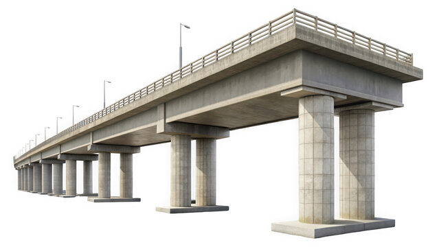 A concrete bridge structure with support columns and street lamps, showcasing modern engineering and design. The sturdy construction highlights functionality and durability.