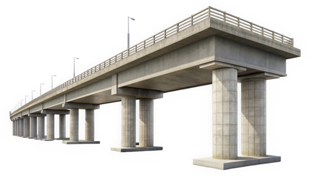 A concrete bridge structure with support columns and street lamps, showcasing modern engineering and design. The sturdy construction highlights functionality and durability.
