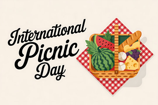 International Picnic Day Banner: Picnic basket with food and a wine bottle - Powered by Adobe