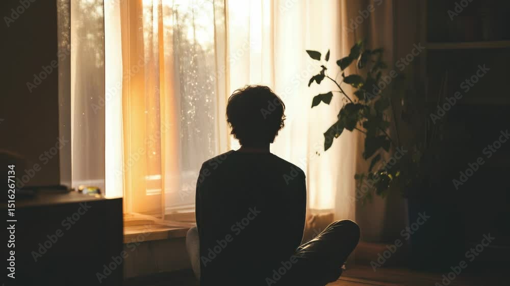 Aufkleber a person sitting in front of a window with natural light and blurred background