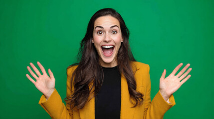 Excited Woman in Yellow Jacket on Green Background