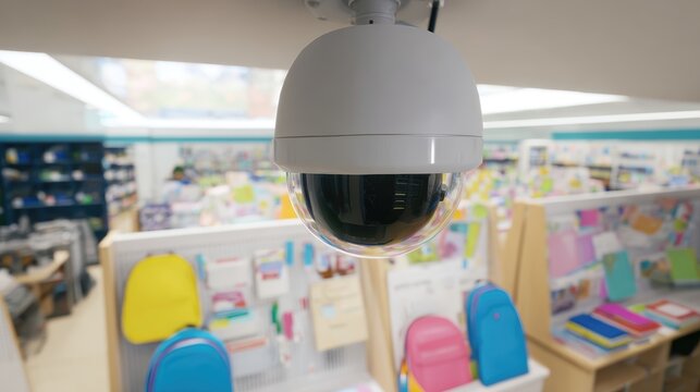 A dome surveillance camera hangs from the ceiling, overseeing a colorful back-to-school supply area filled with various backpacks and school materials