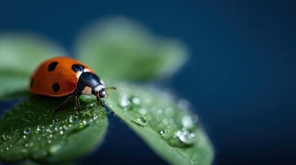 Fototapeta premium Coccinelle rouge sur une feuille couverte de gouttes de rosée