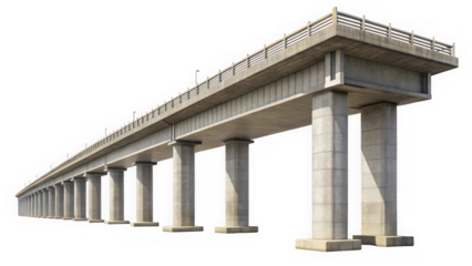 A long, modern concrete bridge elevated on sturdy pillars, showcasing a robust design with a steel railing, ideal for urban infrastructure imagery.