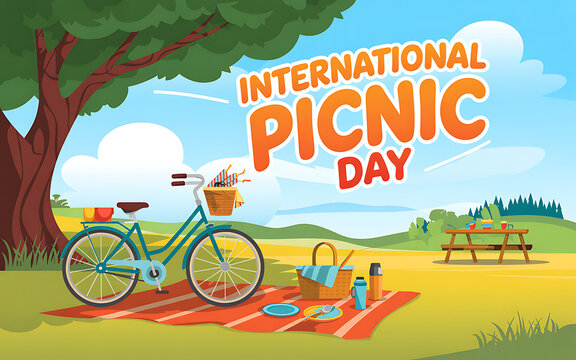 International Picnic Day Banner: Picnic basket with food and a wine bottle - Powered by Adobe