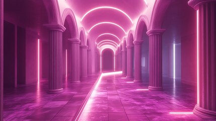 Neon-lit corridor with classical columns and arches in vibrant pink futuristic space
