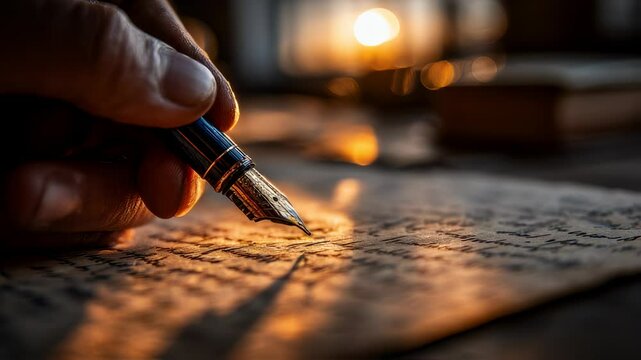 detailed shot capturing the art of writing with a vintage fountain pen, evokes nostalgia and classic elegance in warm light