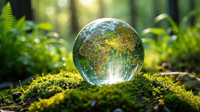 Clear globe is sitting on a mossy patch of ground. The globe is surrounded by green plants and trees, giving the impression of a natural environment. ecological concept