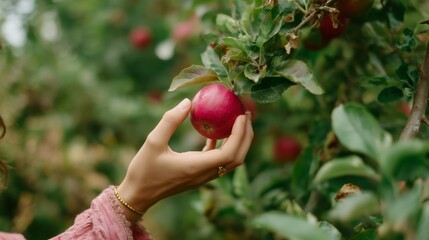 Picking ripe red apples in an orchard during autumn to enjoy fresh fruit and create homemade recipes