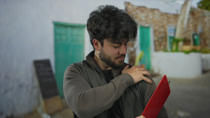 Obraz premium Hispanic man outdoors on sunny day holding shoulder in pain with a clipboard against a rustic backdrop suggesting discomfort or fatigue.