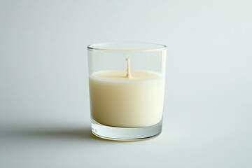 Elegant white candle in glass holder on minimalistic background creating a serene atmosphere