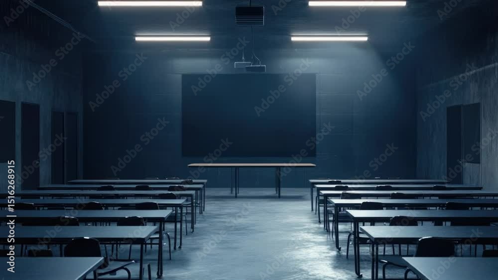 Aufkleber a typical classroom setup with desks and chairs, featuring a projector screen for presentations
