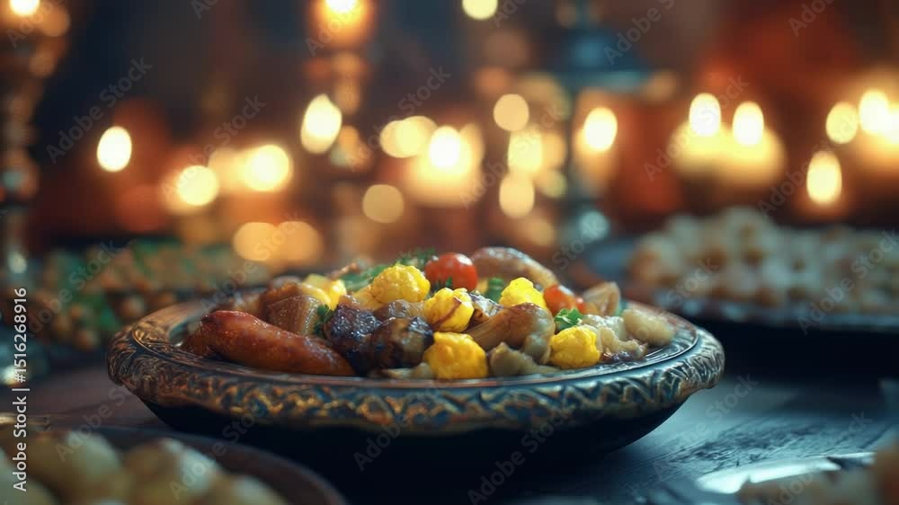 Poster a plate of food served on a table with candles in the background, suitable for dining or party scene