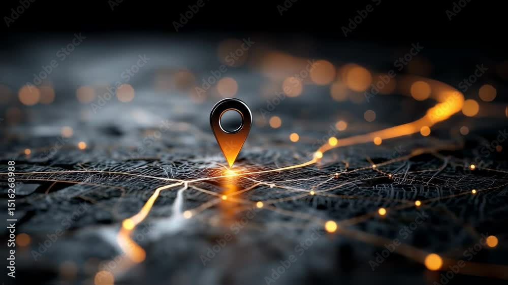 Poster conceptual navigation network showcasing a singular metallic location pin set on a pathfinding surfa