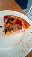 a closeup shot of a delicious pizza with a slice of tomato and a slice of pizza on a plate
