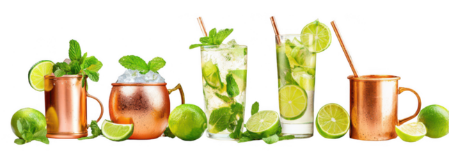 Set of mojito and Moscow mule cocktails isolated on a white background, png, transparent