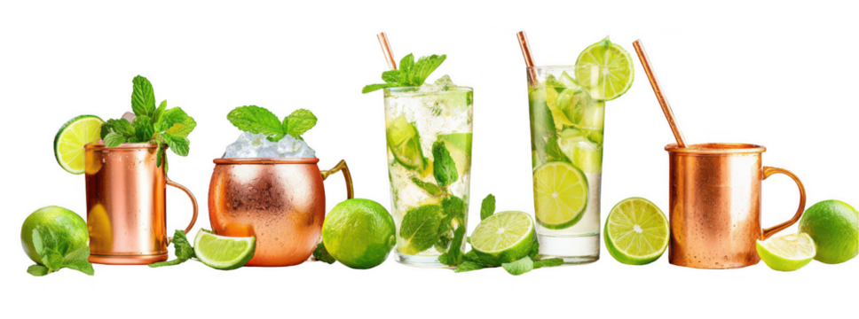 Set of mojito and Moscow mule cocktails isolated on a white background, png, transparent