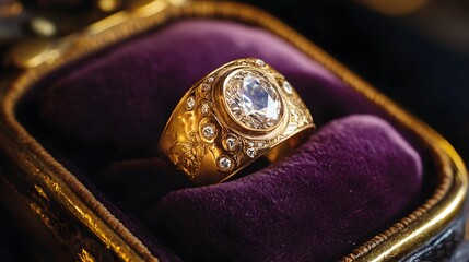 A gold ring with a diamond on a velvet cushion