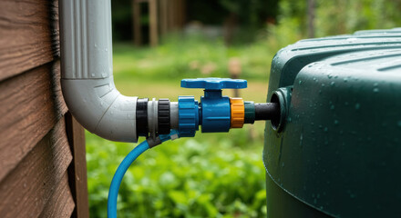 Water collection system with rain barrel and spigot in a garden during daylight hours