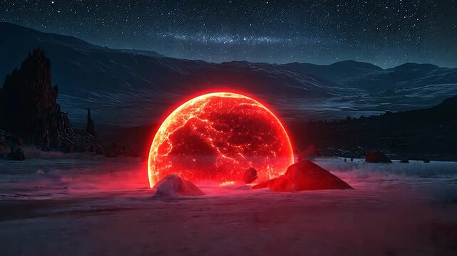 Glowing red orb rests on a desolate, snowy landscape under a starry night sky