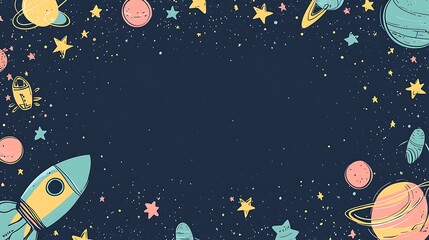 Whimsical space-themed illustration with planets, stars, and a rocket on a dark blue background