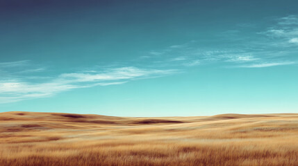 Fototapeta premium Golden dry grassland landscape under a wide blue sky with soft white clouds