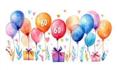Watercolor painting of balloons with the number sixty gifts and floral elements on a white background