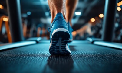 Close up of blue running shoes on a treadmill in a gym with blurred background lighting indoors