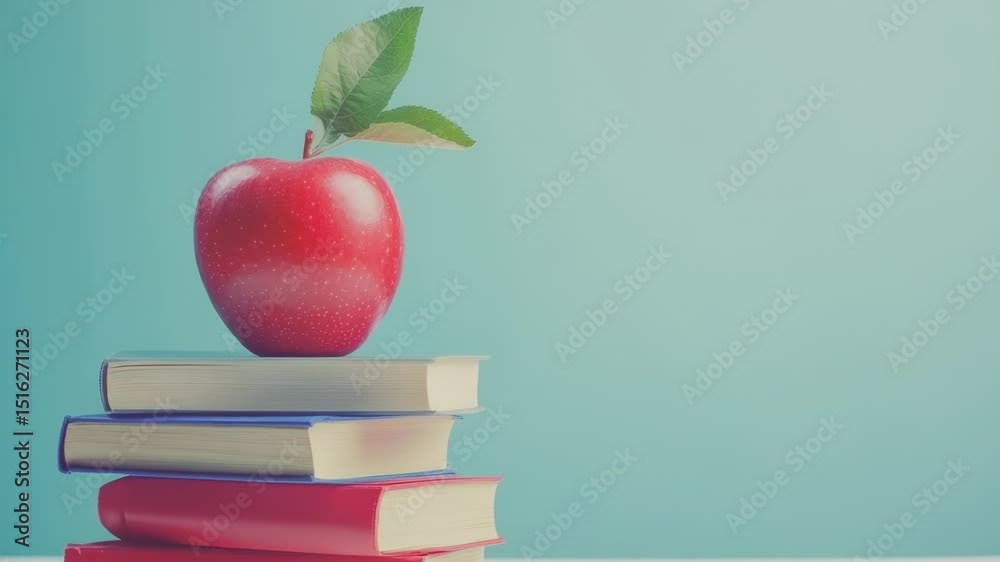 Poster a single red apple sits on top of a stack of books, perfect for educational or literary-themed compo