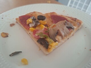 a closeup shot of a delicious pizza with a slice of tomato and a slice of pizza on a plate