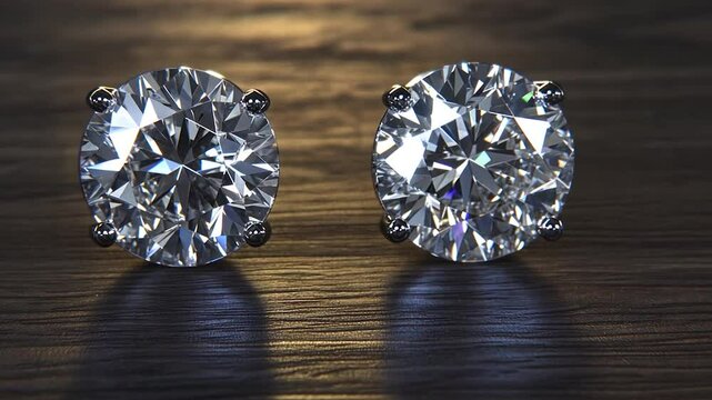 Sparkling diamond stud earrings on dark wood.  Light reflects brilliantly